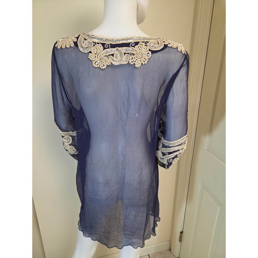 Calypso St. Barth Silk Embroidered Sequin Tunic Navy Blue Boho Coverup Medium - Picture 5 of 14